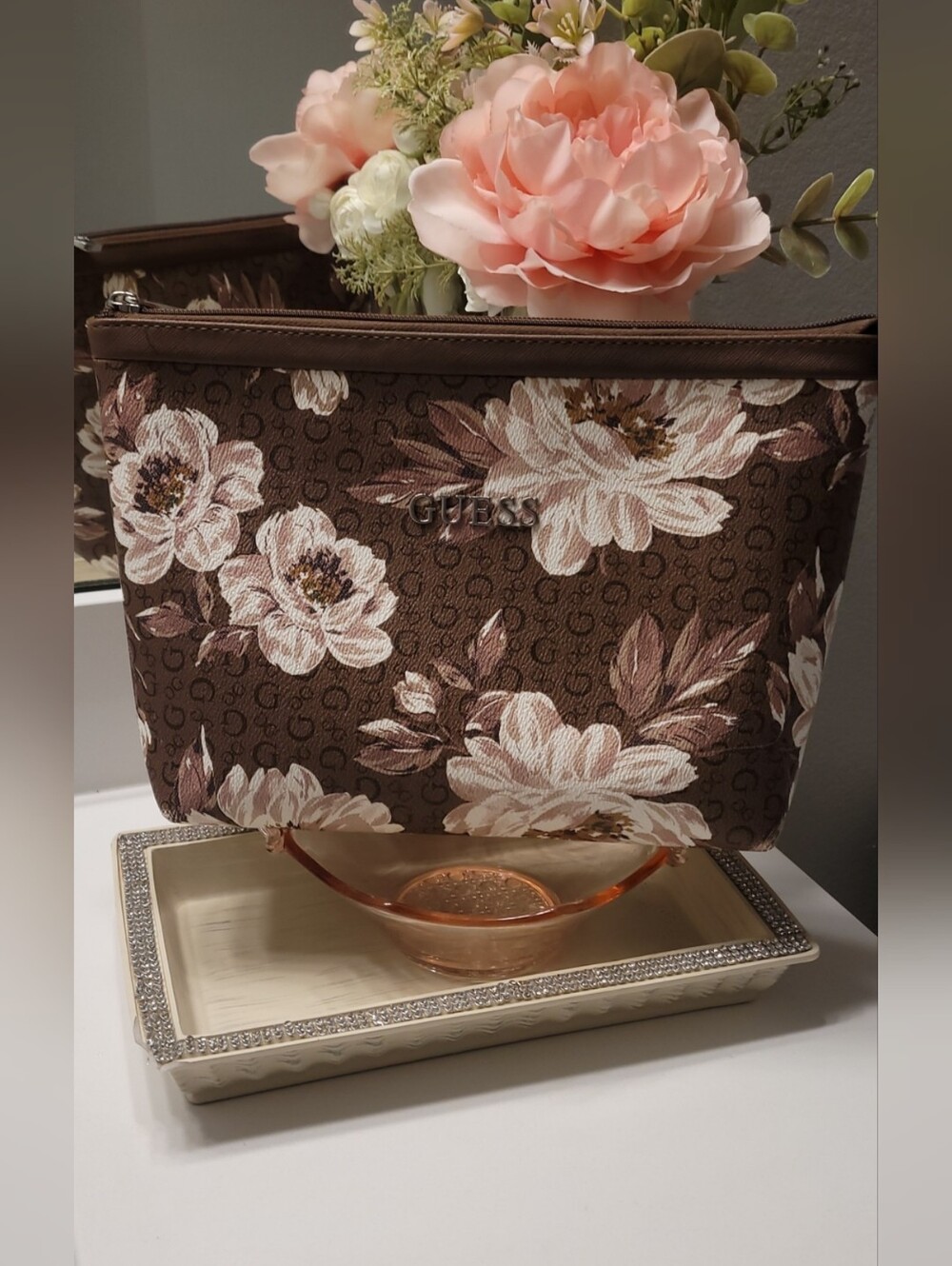 GUESS Brown Floral Makeup Pouch with Pink Accents
